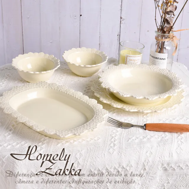 【Homely Zakka】法式浪漫花邊浮雕陶瓷餐盤碗餐具_圓形淺盤(湯盤 餐具 餐盤 盤子 器皿 碗盤)