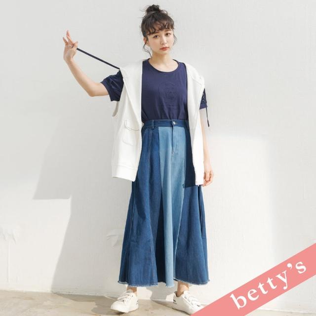 【betty’s 貝蒂思】腰鬆緊撞色鬚邊牛仔長裙(牛仔藍)