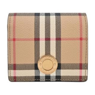 【BURBERRY 巴寶莉】浮雕LOGO LOGO格紋皮革對開短夾(卡其)