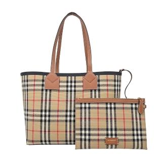 【BURBERRY 巴寶莉】London經典格紋小型托特包(卡其)