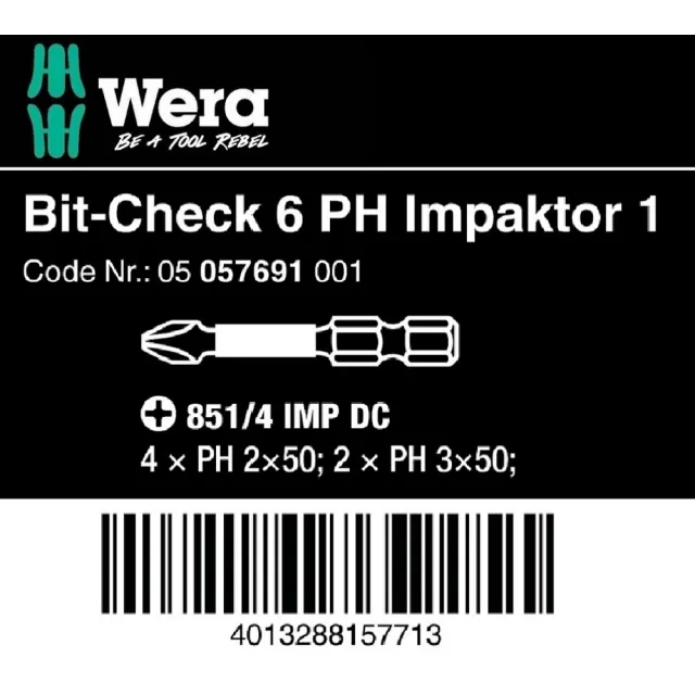 【Wera】黑金鋼起子頭6支組851/4IMP PH(BC IMP/6)