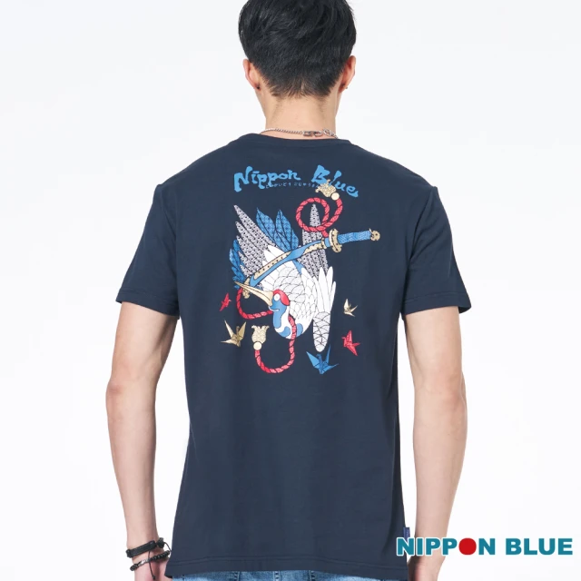 BLUE WAY 男裝 日式花紋仙鶴 短袖 上衣-日本藍