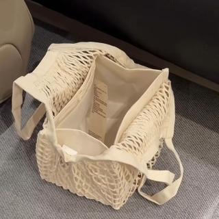 【京都百貨】無印風棉質夏季編織鏤提包(小眾設計網包 購物袋含內膽)