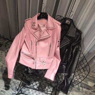 【巴黎精品】現貨+預購 皮衣外套真皮夾克(金屬搖滾風鉚釘羊皮女外套2色a1dp87)