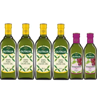 【Olitalia 奧利塔】純橄欖油1000mlx4瓶(+Olitalia葡萄籽油500mlx2瓶-禮盒組)
