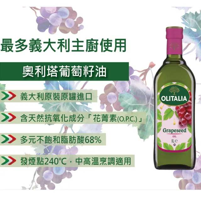 【Olitalia 奧利塔】葡萄耔油1000mlx4瓶(+頂級葵花油500mlx2瓶-禮盒組)