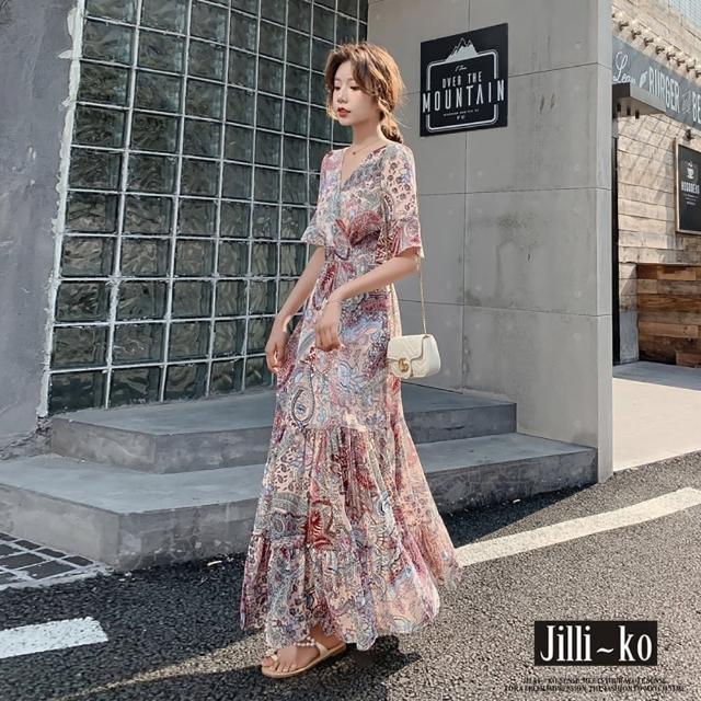 【JILLI-KO】佩斯利花紋V領蛋糕層次桔梗連衣裙-F(粉紅/)