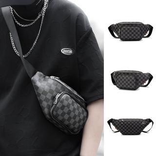 【LEESA】皮革胸包\格子包包\腰包男\多功能包\韓國包包\休閒揹包\情侶包\斜揹包\棋盤格包包\ins