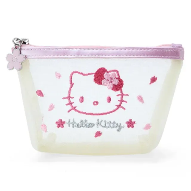 【小禮堂】三麗鷗 紗網刺繡拉鍊化妝包 - 第17個春天 Kitty 美樂蒂 酷洛米(平輸品)
