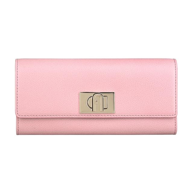 【FURLA 芙拉】FURLA 1927金屬拱門LOGO防刮牛皮10卡翻蓋旋扣式長夾(粉)