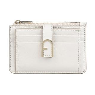 【FURLA 芙拉】FURLA FLOW拱門LOOG小牛皮5卡壓釦式/拉鍊零錢卡夾(棉花糖白)