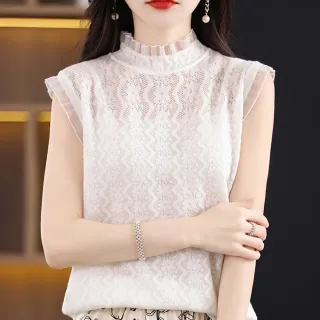 【初色】涼爽透氣無袖半高圓領寬鬆素色蕾絲拼接鏤空針織背心上衣-共3色-68872(F可選)