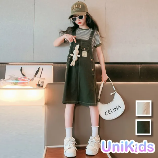 【UniKids】中大童裝2件套 條紋短袖T恤小兔子吊帶裙 女大童裝 CV小兔子背帶(橄欖綠 米白)