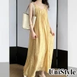 【UniStyle】露背吊帶洋裝 韓版慵懶度假風抽褶大裙襬設計 女 UV3976(嫩鵝黃)