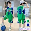 【UniKids】中大童裝2件套速乾籃球服無袖背心運動五分褲 男大童裝 VP2422118(綠 藍)