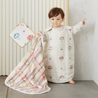 【Hoppetta】彩虹蘑菇六層紗防踢背心小蓋被組(MOMO限定日本製冬暖夏涼四季款-掛式手帕)