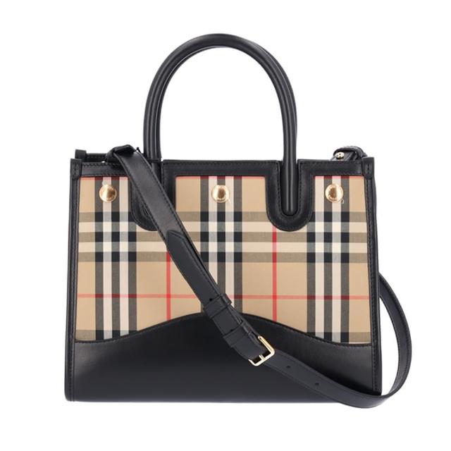 【BURBERRY 巴寶莉】80754231 經典Title系列格紋拼皮革手提斜背兩用包(黑色)