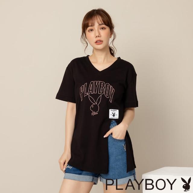 【PLAYBOY】下擺開衩設計上衣(黑色)