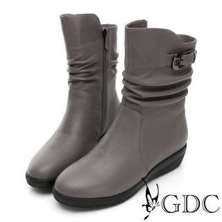 【GDC】輕量舒適真皮抓皺釦環楔型秋冬中筒靴-灰色(328659-15)
