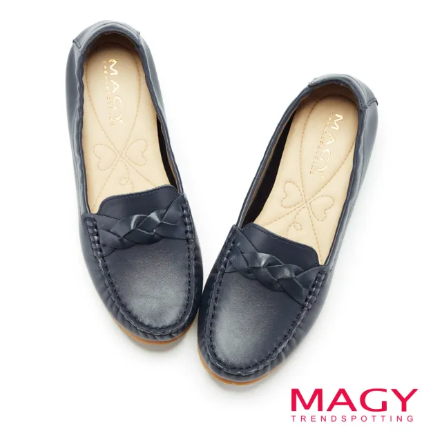 【MAGY】編織縫線真皮平底休閒鞋(藍色)