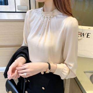 【米蘭精品】現貨+預購 襯衫長袖上衣(荷葉立領珍珠雪紡女上衣2色74gj7)