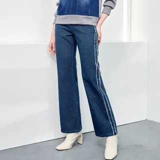 【ILEY 伊蕾】率性抽鬚造型編織紋理棉質牛仔褲(藍色；M-XL；1223068629)