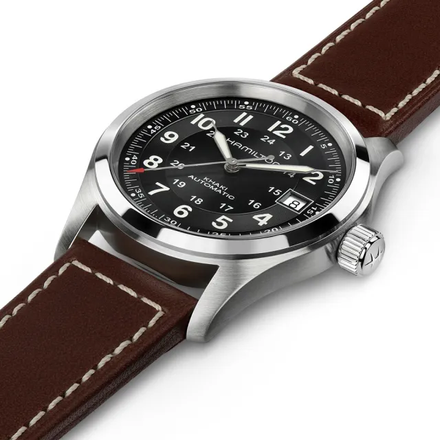 【HAMILTON 漢米爾頓旗艦館】卡其陸戰腕錶38mm(自動上鍊 中性 皮革錶帶 H70455533)