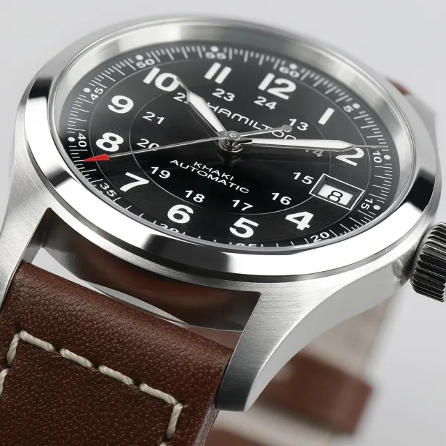 【HAMILTON 漢米爾頓旗艦館】卡其陸戰腕錶38mm(自動上鍊 中性 皮革錶帶 H70455533)