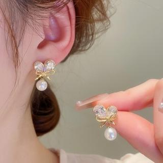 【Emi 艾迷】韓系晶透蝴蝶愛心珍珠鋯石 925銀針 耳環