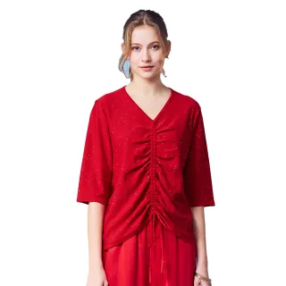 【GLORY21】速達-網路獨賣款-抽繩綁帶設計針織上衣(紅色)