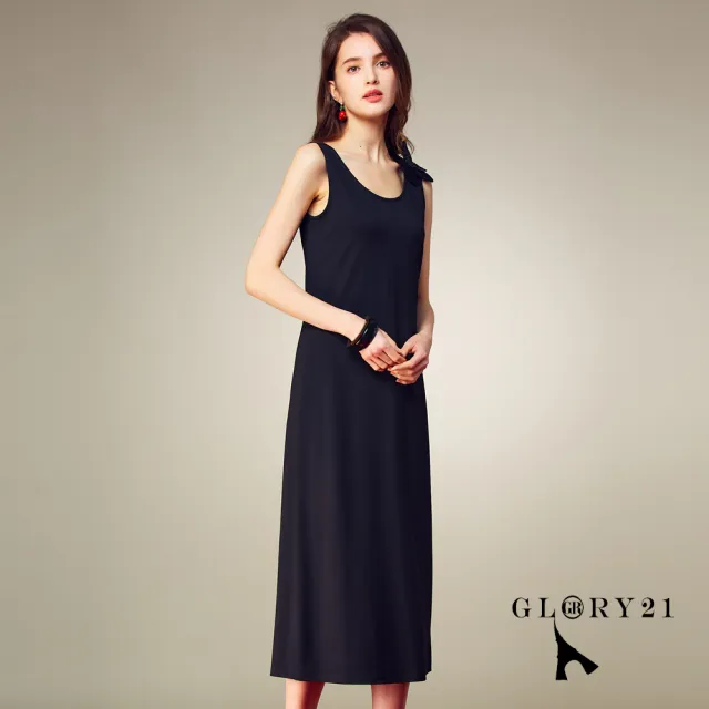 【GLORY21】速達-網路獨賣款-V領氣質長版洋裝(黑色)
