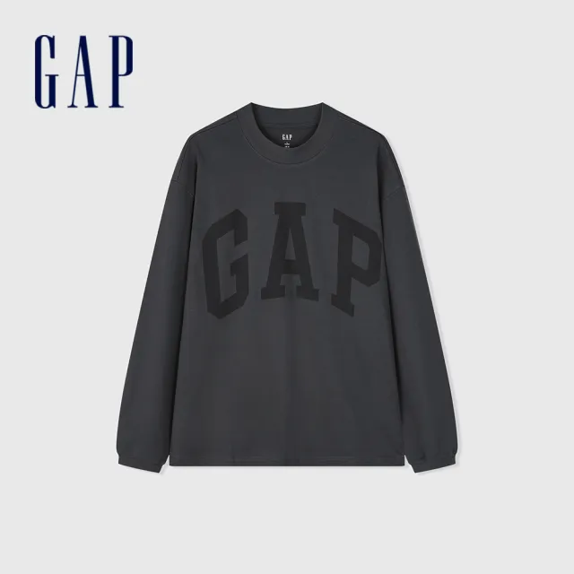 【GAP】男裝 Logo純棉圓領長袖T恤-黑灰色(452532)