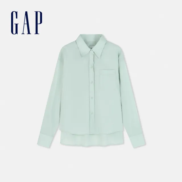 【GAP】女裝 純棉翻領長袖襯衫-淺綠色(874363)