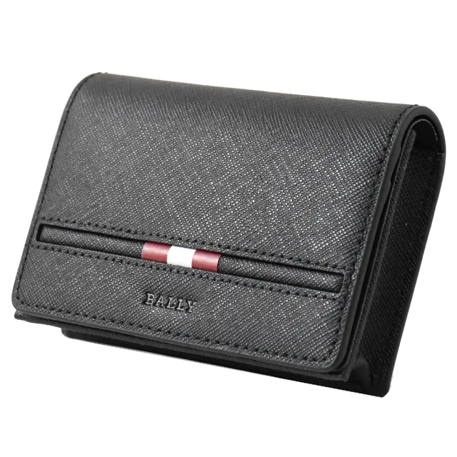 【BALLY】簡約紅白紅條紋防刮牛皮信用卡名片收納包(黑)