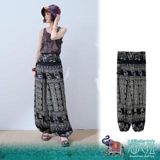 【JILLI-KO】潘克拉-泰國大象花紋口袋半鬆緊縲縈燈籠褲-F(黑)