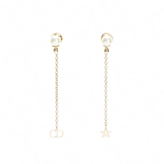 Dior 迪奧 經典小珍珠耳針串接細鏈垂墜耳環(字母/星星)