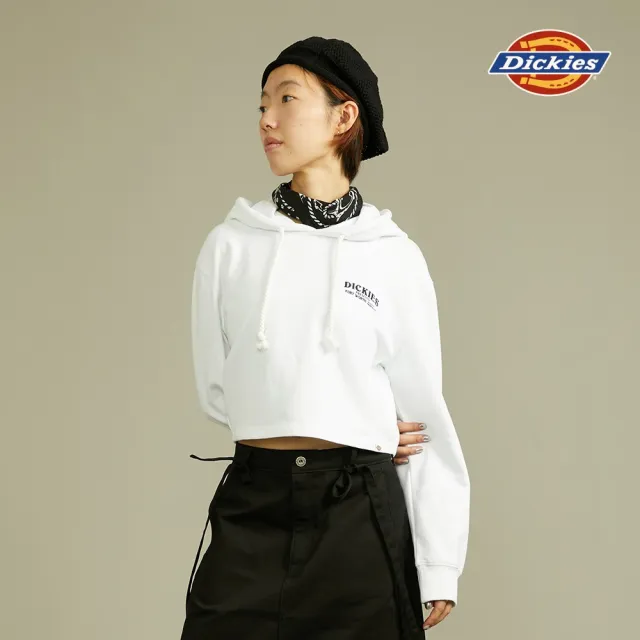 【Dickies】女款白色純棉品牌刺繡短版連帽大學T｜DK012326C4D