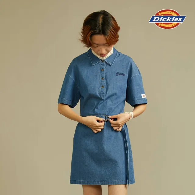 【Dickies】女款淺藍色牛仔附可調節式腰帶短袖休閒連身裙｜DK012315H23