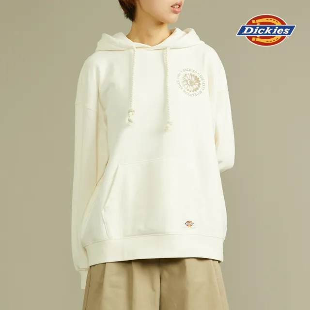 【Dickies】女款奶油色純棉胸前花卉圖案印花連帽大學T｜DK012327C10