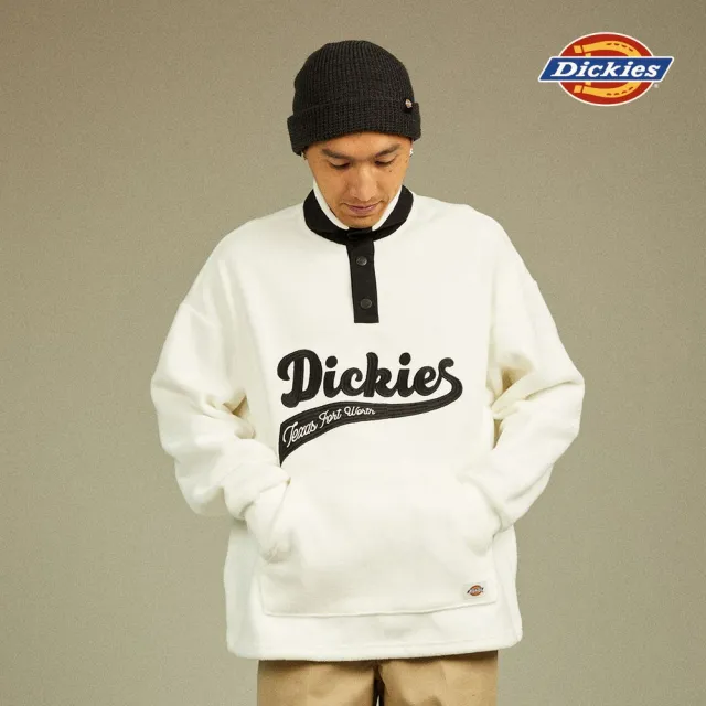 【Dickies】男款雪白色抓絨異材質拼接刺繡Logo立領大學T｜DK012295H25