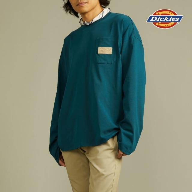 【Dickies】男款池塘藍純棉重磅胸前品牌皮質徽章寬鬆長袖T恤｜DK012303F97