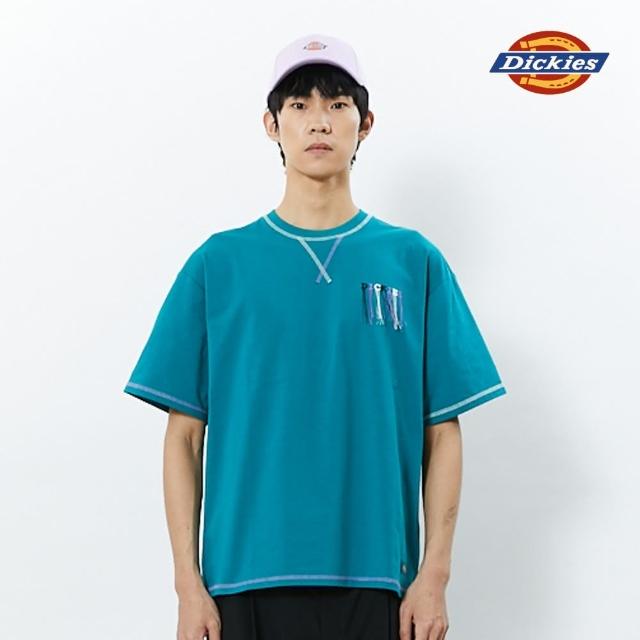 【Dickies】男女款深湖綠重磅棉撞色縫線設計休閒短袖T恤｜DK011554E64