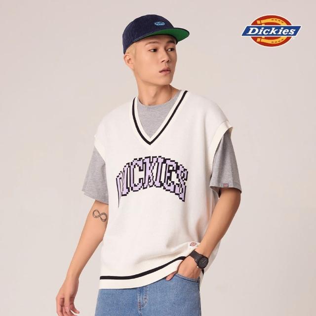 【Dickies】男款米白色純棉撞色V領休閒針織背心｜DK011522C48