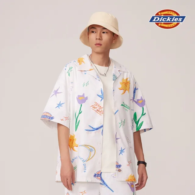 【Dickies】男款白色塗鴉滿版印花寬鬆短袖襯衫｜DK011534F65