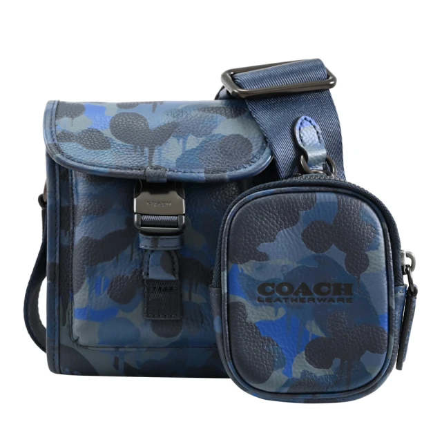 COACH 經典LOGO迷彩寬背帶二合一零錢包小包斜背包(深藍)