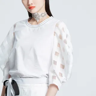 【iROO】白色格紋相間經典造型長袖上衣