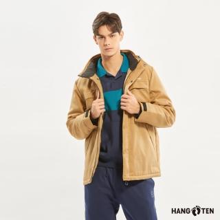 【Hang Ten】男裝-恆溫多功能-防風防輕潑水抗靜電石墨烯保暖貼合撞色可拆帽連帽外套(淺卡其)