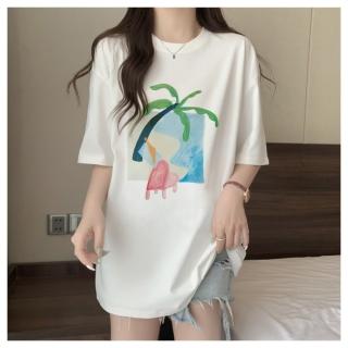 【ASister 小姊姊】AS0002#純棉上衣☆*度假海灘*加大尺碼韓版寬鬆顯瘦棉質中長版印花短袖T恤(S-4XL)