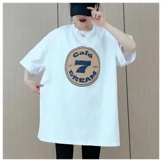 【ASister 小姊姊】AS0007#純棉上衣☆*Cafe Dream*加大尺碼韓版寬鬆顯瘦棉質中長版印花短袖T恤(4色 S-4XL)