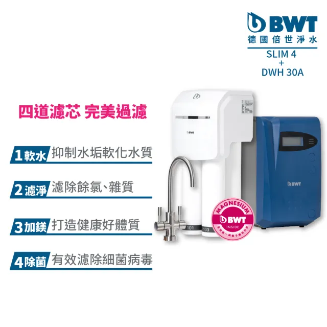 【BWT德國倍世】SLIM 4 四道式羽纖生飲水淨水器+DWH30A智慧加熱器